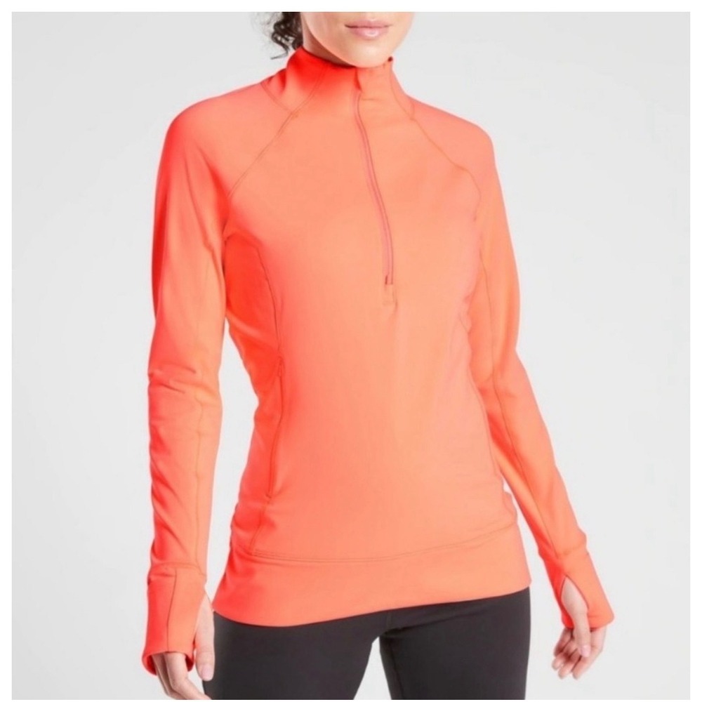 Athleta Quarter Zip Pullover Womens XL Neon Orange Flurry Mock Neck Thumbholes